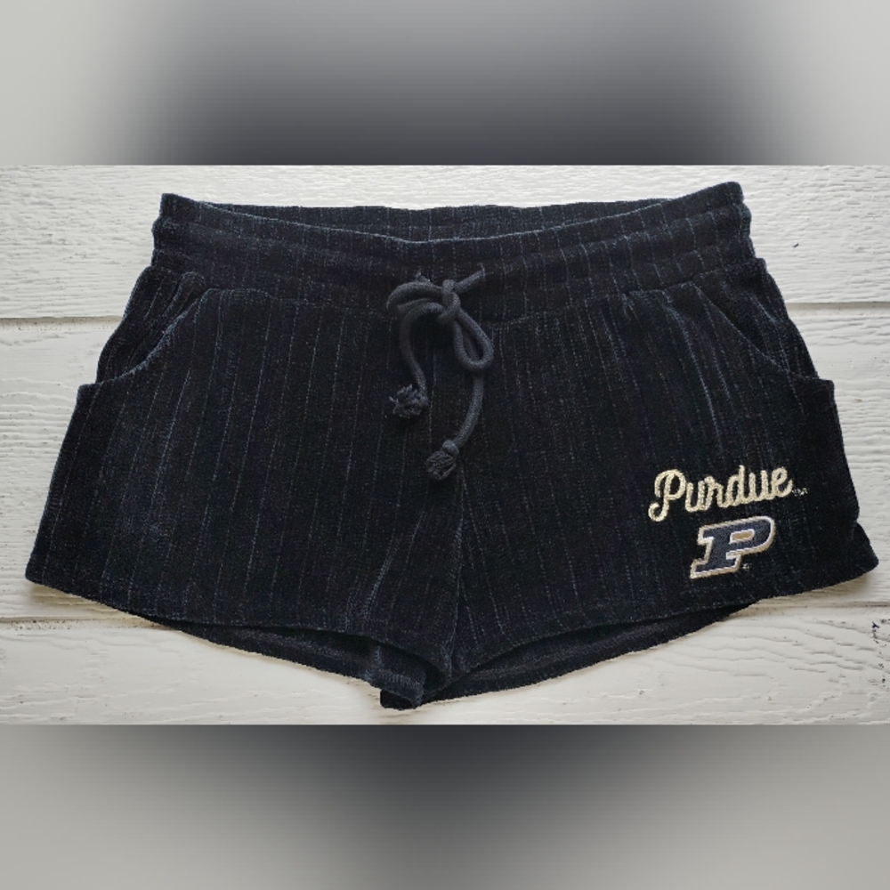 Velour Concepts Waffle Knit Shorts Women Sz M Black Purdue Embroidery Slip on